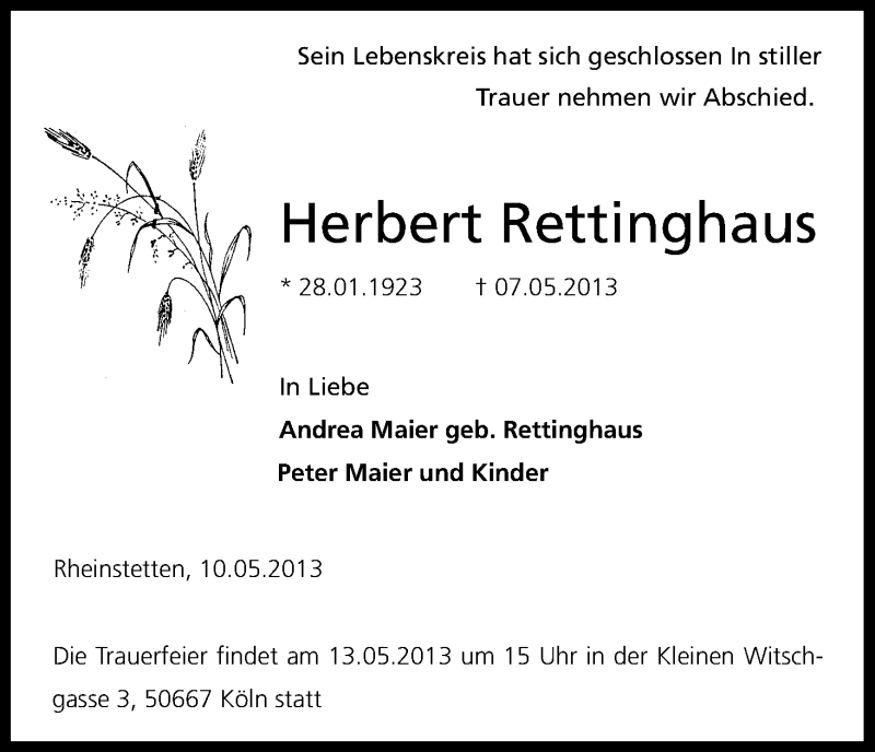  Traueranzeige für Herbert Rettinghaus vom 11.05.2013 aus Kölner Stadt-Anzeiger / Kölnische Rundschau / Express