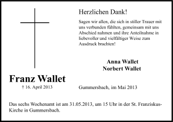 Anzeige von Franz Wallet von Kölner Stadt-Anzeiger / Kölnische Rundschau / Express