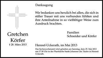 Anzeige von Gretchen Körfer von Kölner Stadt-Anzeiger / Kölnische Rundschau / Express