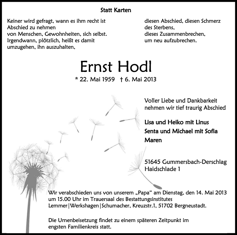  Traueranzeige für Ernst Hodl vom 11.05.2013 aus Kölner Stadt-Anzeiger / Kölnische Rundschau / Express
