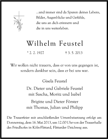 Anzeige von Wilhelm Feustel von Kölner Stadt-Anzeiger / Kölnische Rundschau / Express