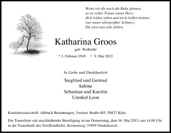 Anzeige von Katharina Groos von Kölner Stadt-Anzeiger / Kölnische Rundschau / Express