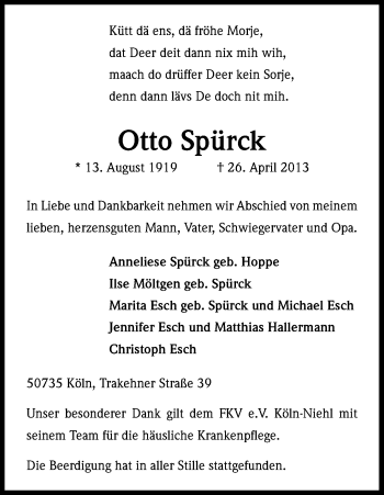 Anzeige von Otto Spürck von Kölner Stadt-Anzeiger / Kölnische Rundschau / Express