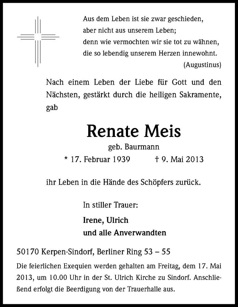  Traueranzeige für Renate Meis vom 13.05.2013 aus Kölner Stadt-Anzeiger / Kölnische Rundschau / Express
