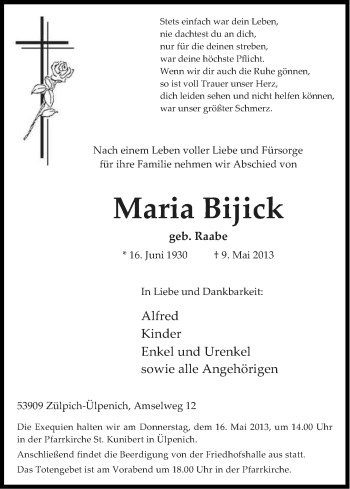 Anzeige von Maria Bijick von Kölner Stadt-Anzeiger / Kölnische Rundschau / Express
