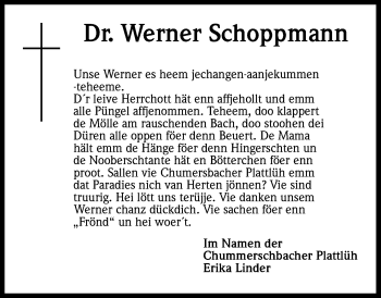 Anzeige von Werner Schoppmann von Kölner Stadt-Anzeiger / Kölnische Rundschau / Express