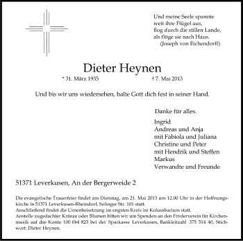 Anzeige von Dieter Heynen von Kölner Stadt-Anzeiger / Kölnische Rundschau / Express