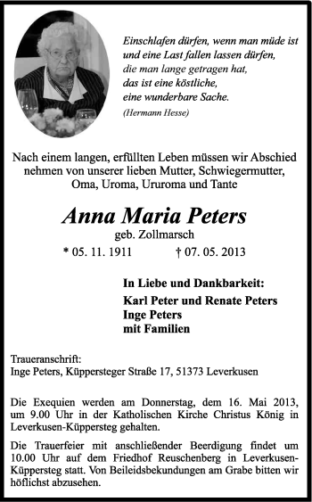 Anzeige von Anna Maria Peters von Kölner Stadt-Anzeiger / Kölnische Rundschau / Express