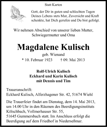 Anzeige von Magdalena Kulisch von Kölner Stadt-Anzeiger / Kölnische Rundschau / Express