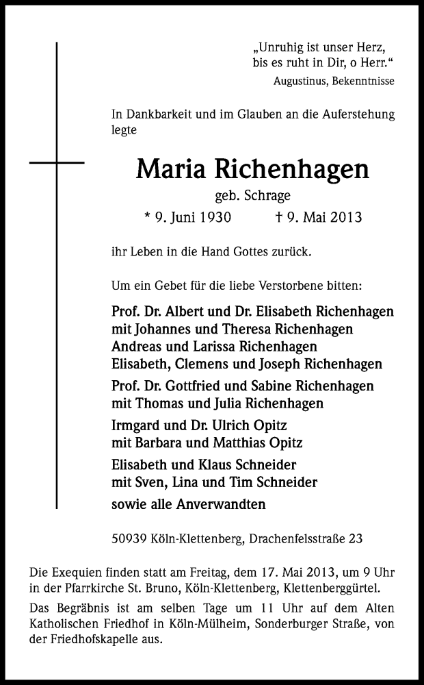  Traueranzeige für Maria Richenhagen vom 13.05.2013 aus Kölner Stadt-Anzeiger / Kölnische Rundschau / Express