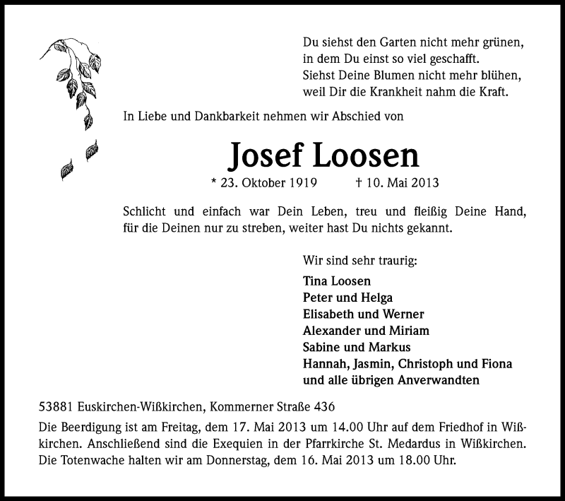  Traueranzeige für Josef Loosen vom 14.05.2013 aus Kölner Stadt-Anzeiger / Kölnische Rundschau / Express