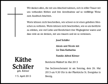 Anzeige von Käthe Schäfer von Kölner Stadt-Anzeiger / Kölnische Rundschau / Express