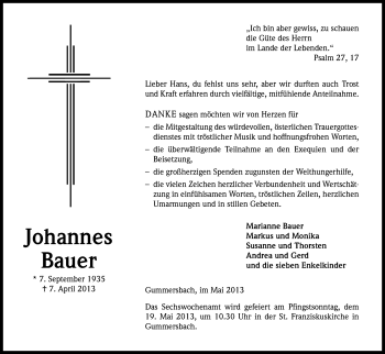 Anzeige von Johannes Bauer von Kölner Stadt-Anzeiger / Kölnische Rundschau / Express