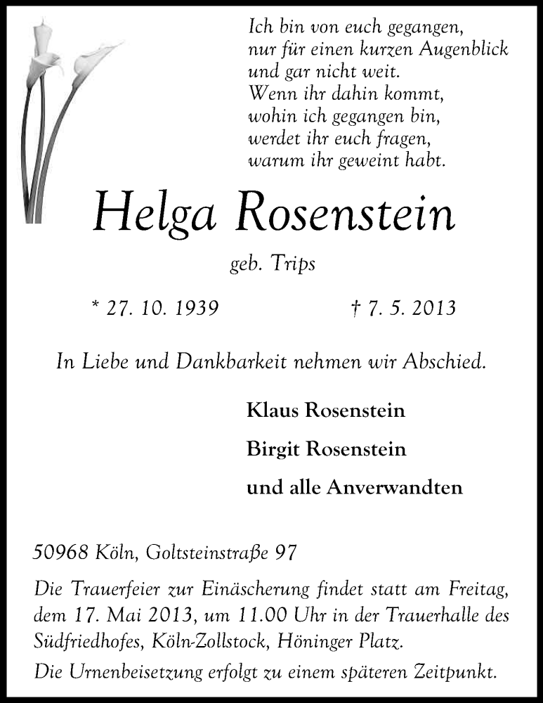  Traueranzeige für Helga Rosenstein vom 14.05.2013 aus Kölner Stadt-Anzeiger / Kölnische Rundschau / Express