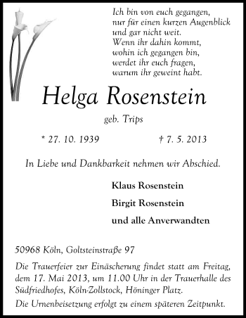 Anzeige von Helga Rosenstein von Kölner Stadt-Anzeiger / Kölnische Rundschau / Express