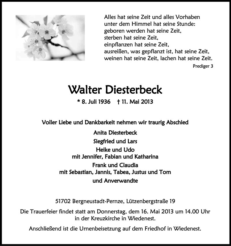  Traueranzeige für Walter Diesterbeck vom 14.05.2013 aus Kölner Stadt-Anzeiger / Kölnische Rundschau / Express