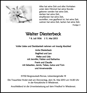 Anzeige von Walter Diesterbeck von Kölner Stadt-Anzeiger / Kölnische Rundschau / Express