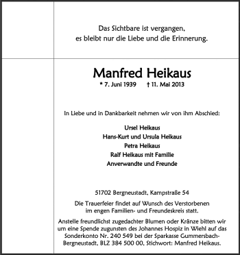 Anzeige von Manfred Heikaus von Kölner Stadt-Anzeiger / Kölnische Rundschau / Express