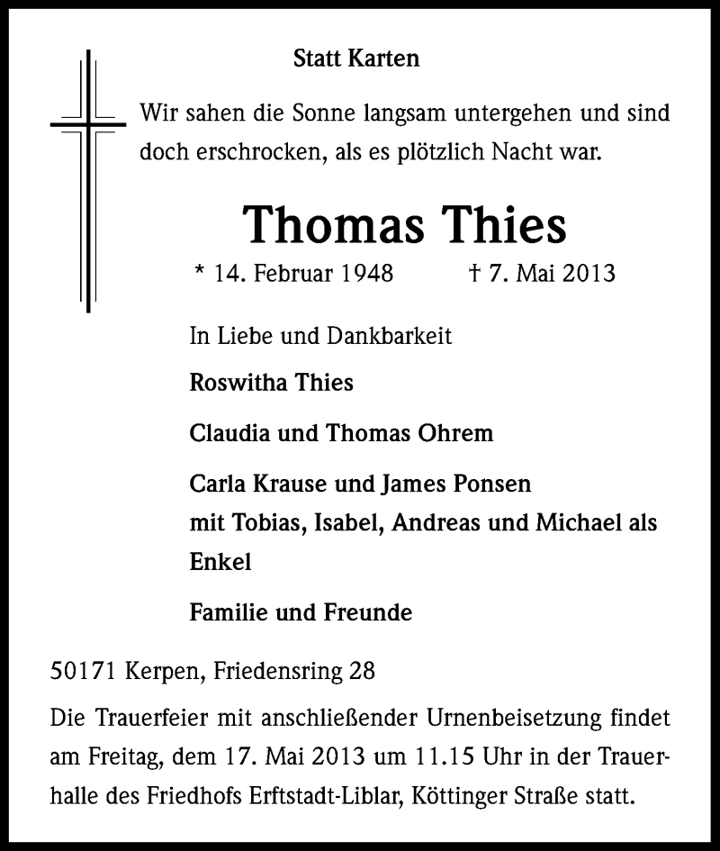  Traueranzeige für Thomas Thies vom 14.05.2013 aus Kölner Stadt-Anzeiger / Kölnische Rundschau / Express