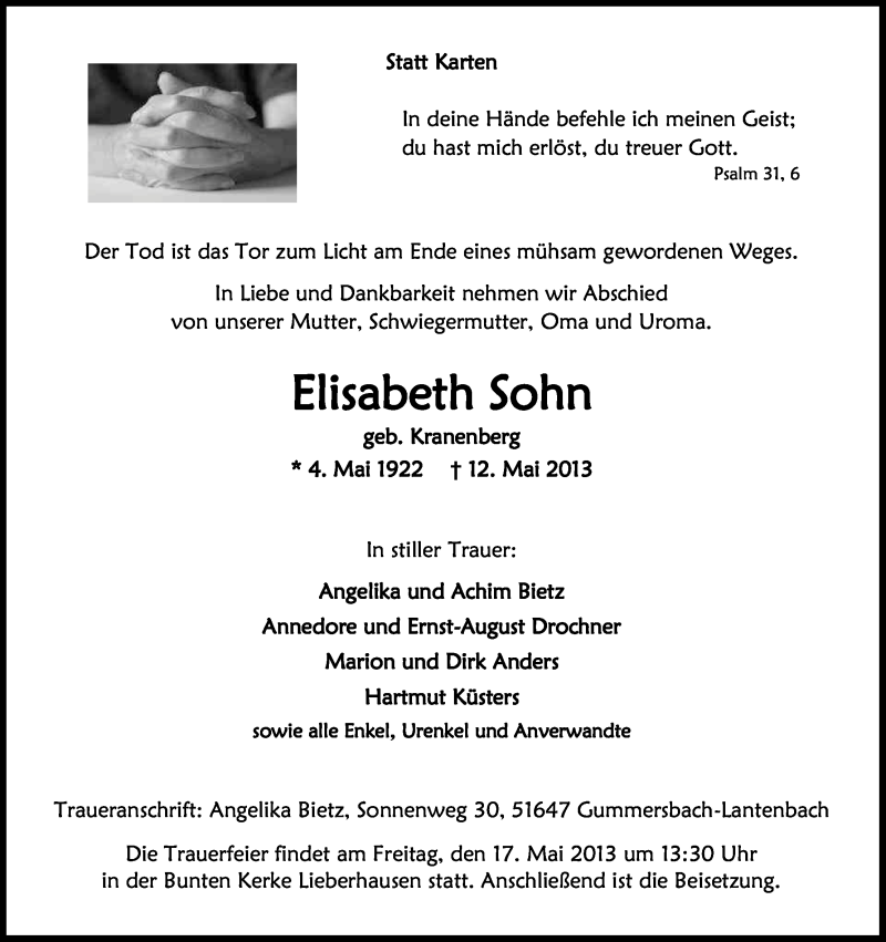  Traueranzeige für Elisabeth Sohn vom 14.05.2013 aus Kölner Stadt-Anzeiger / Kölnische Rundschau / Express