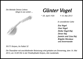 Anzeige von Günter Vogel von Kölner Stadt-Anzeiger / Kölnische Rundschau / Express