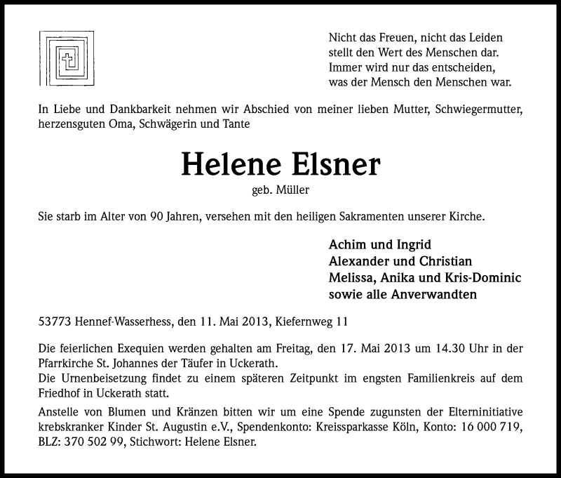 Traueranzeige für Helene Elsner vom 14.05.2013 aus Kölner Stadt-Anzeiger / Kölnische Rundschau / Express