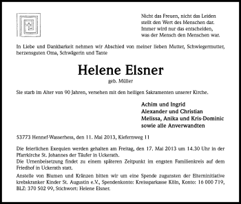 Anzeige von Helene Elsner von Kölner Stadt-Anzeiger / Kölnische Rundschau / Express