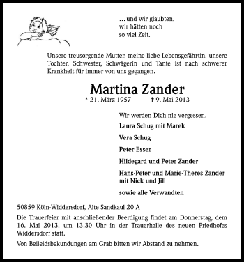 Anzeige von Martina Zander von Kölner Stadt-Anzeiger / Kölnische Rundschau / Express