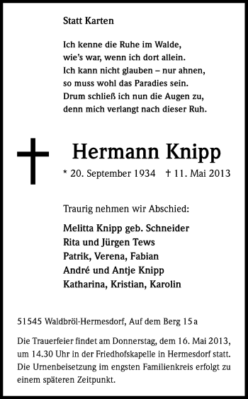 Anzeige von Hermann Knipp von Kölner Stadt-Anzeiger / Kölnische Rundschau / Express