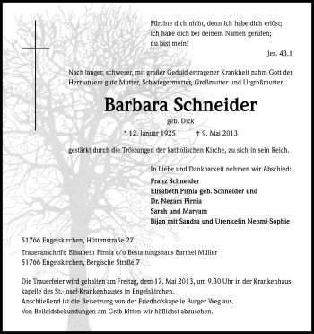 Anzeige von Barbara Schneider von Kölner Stadt-Anzeiger / Kölnische Rundschau / Express