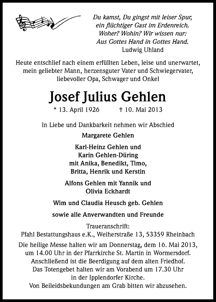  Traueranzeige für Josef Gehlen vom 14.05.2013 aus Kölner Stadt-Anzeiger / Kölnische Rundschau / Express