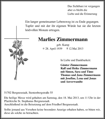Anzeige von Marlies Zimmermann von Kölner Stadt-Anzeiger / Kölnische Rundschau / Express