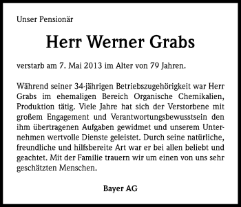 Anzeige von Werner Grabs von Kölner Stadt-Anzeiger / Kölnische Rundschau / Express