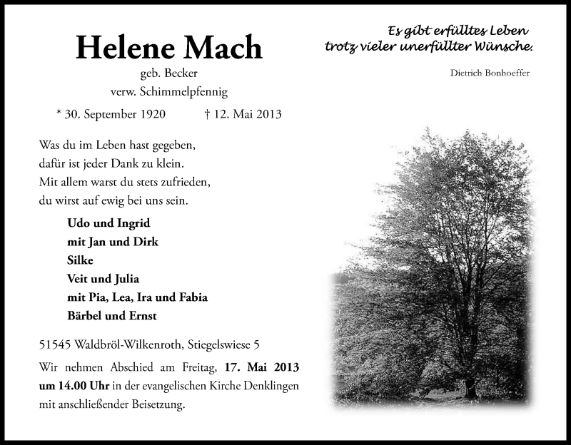  Traueranzeige für Helene Mach vom 14.05.2013 aus Kölner Stadt-Anzeiger / Kölnische Rundschau / Express