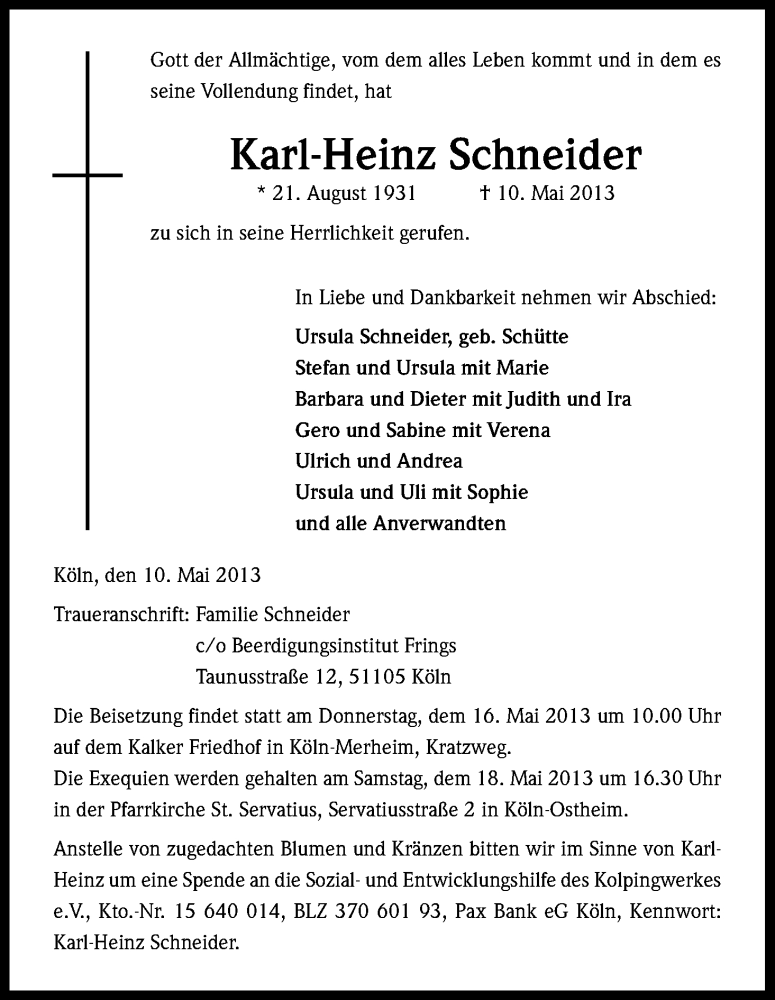  Traueranzeige für Karl-Heinz Schneider vom 14.05.2013 aus Kölner Stadt-Anzeiger / Kölnische Rundschau / Express
