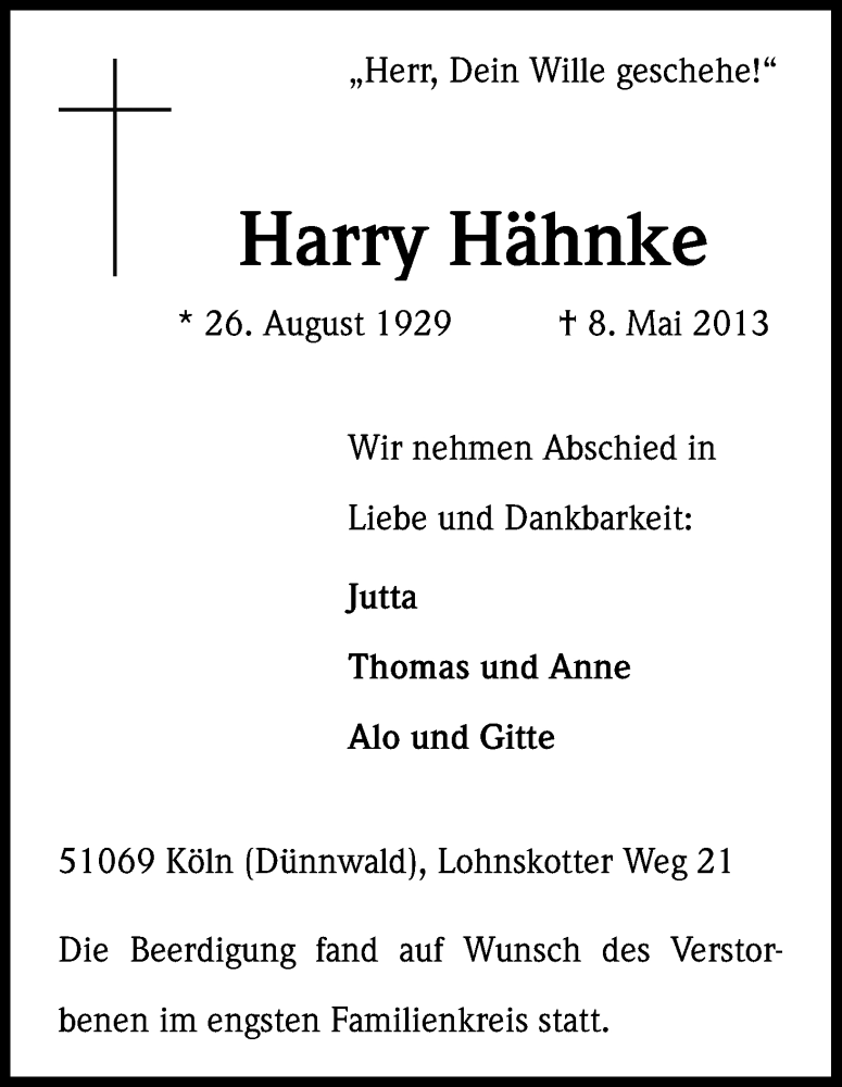 Traueranzeige für Harry Hähnke vom 18.05.2013 aus Kölner Stadt-Anzeiger / Kölnische Rundschau / Express