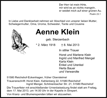Anzeige von Aenne Klein von Kölner Stadt-Anzeiger / Kölnische Rundschau / Express