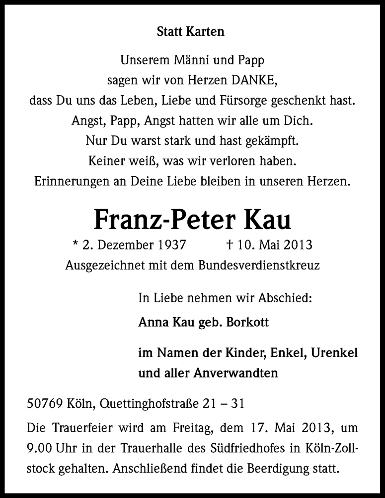  Traueranzeige für Franz-Peter Kau vom 15.05.2013 aus Kölner Stadt-Anzeiger / Kölnische Rundschau / Express