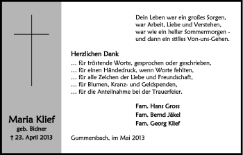 Anzeige von Maria Klief von Kölner Stadt-Anzeiger / Kölnische Rundschau / Express