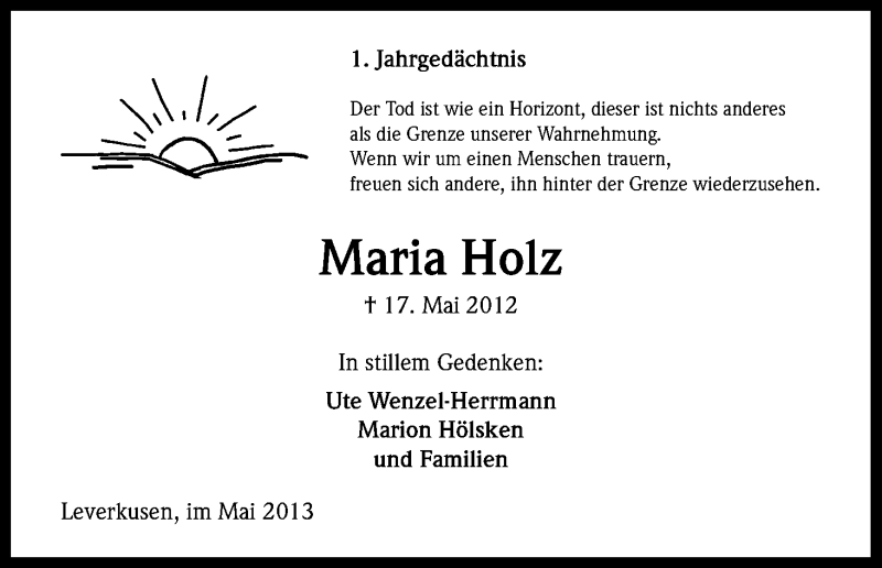  Traueranzeige für Maria Holz vom 17.05.2013 aus Kölner Stadt-Anzeiger / Kölnische Rundschau / Express