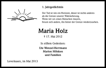 Anzeige von Maria Holz von Kölner Stadt-Anzeiger / Kölnische Rundschau / Express