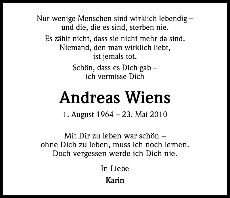  Traueranzeige für Andreas Wiens vom 23.05.2013 aus Kölner Stadt-Anzeiger / Kölnische Rundschau / Express