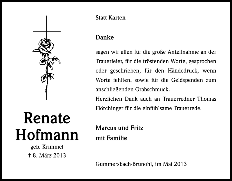  Traueranzeige für Renate Hofmann vom 15.05.2013 aus Kölner Stadt-Anzeiger / Kölnische Rundschau / Express