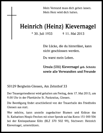 Anzeige von Heinrich Kievernagel von Kölner Stadt-Anzeiger / Kölnische Rundschau / Express