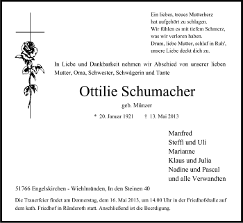 Anzeige von Ottilie Schumacher von Kölner Stadt-Anzeiger / Kölnische Rundschau / Express