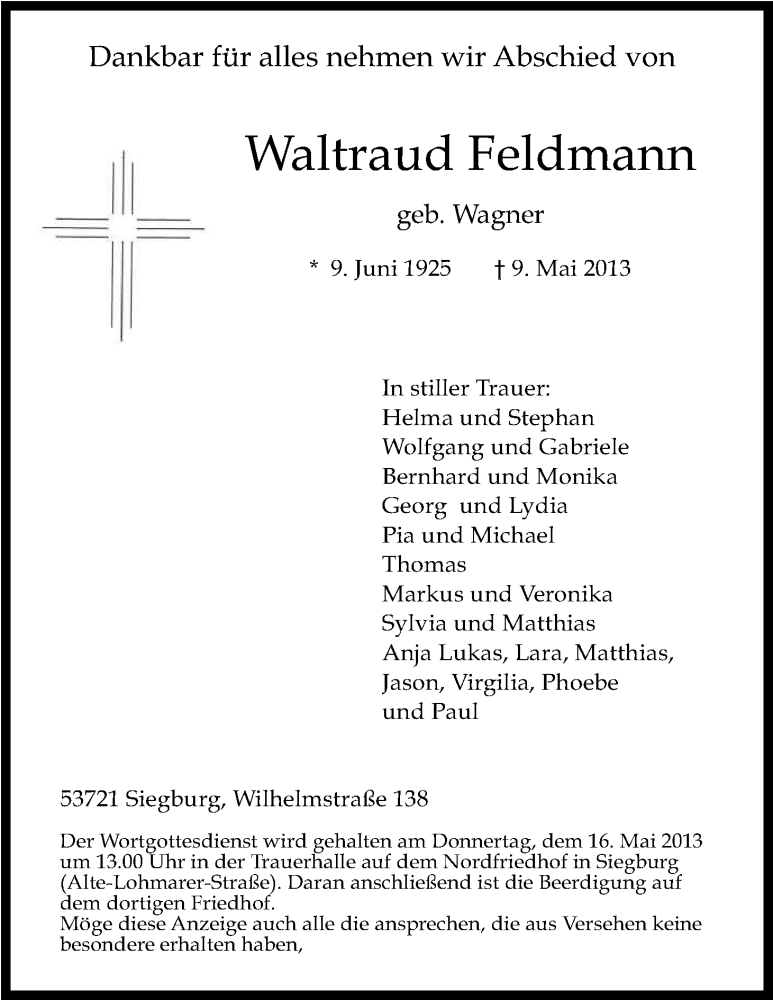  Traueranzeige für Waltraud Feldmann vom 15.05.2013 aus Kölner Stadt-Anzeiger / Kölnische Rundschau / Express