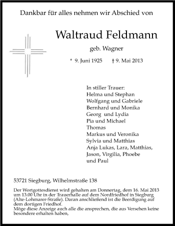 Anzeige von Waltraud Feldmann von Kölner Stadt-Anzeiger / Kölnische Rundschau / Express