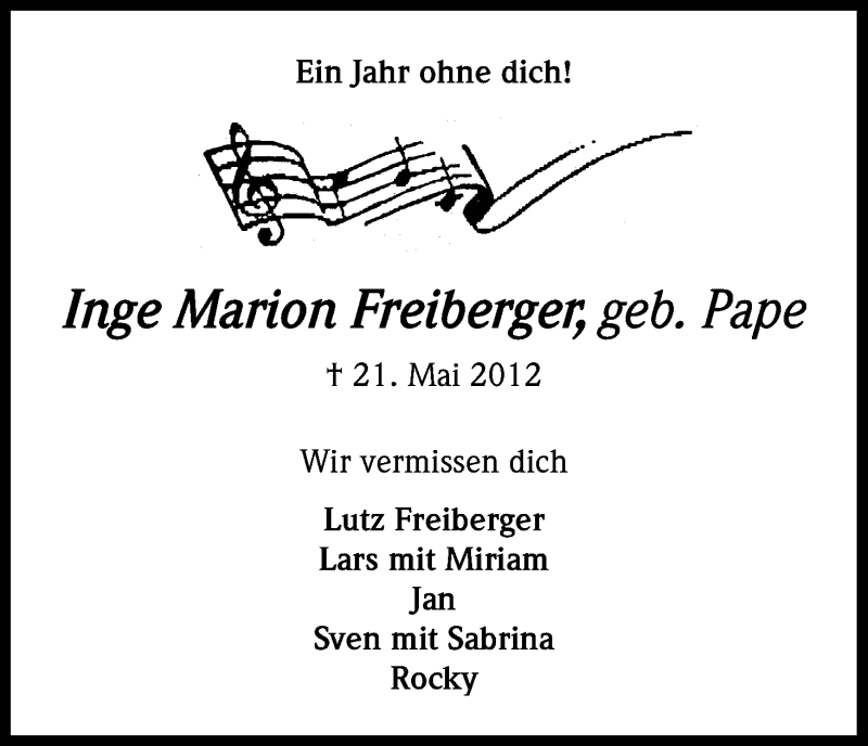  Traueranzeige für Inge Marion Freiberger vom 21.05.2013 aus Kölner Stadt-Anzeiger / Kölnische Rundschau / Express