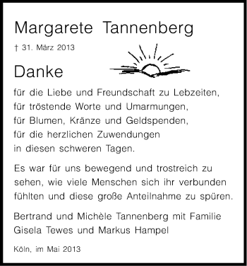 Anzeige von Margarete Tannenberg von Kölner Stadt-Anzeiger / Kölnische Rundschau / Express