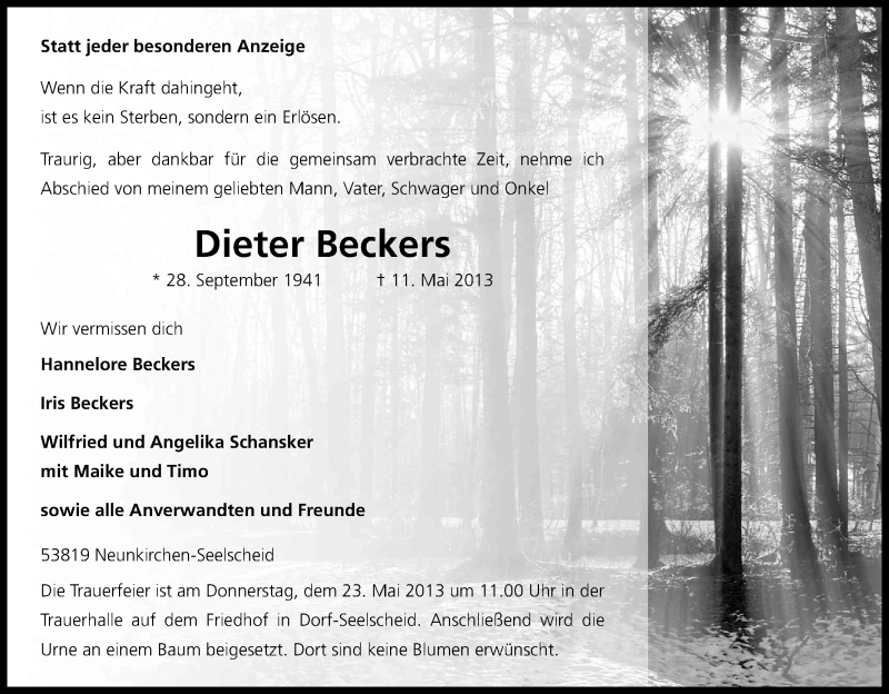  Traueranzeige für Dieter Beckers vom 17.05.2013 aus Kölner Stadt-Anzeiger / Kölnische Rundschau / Express